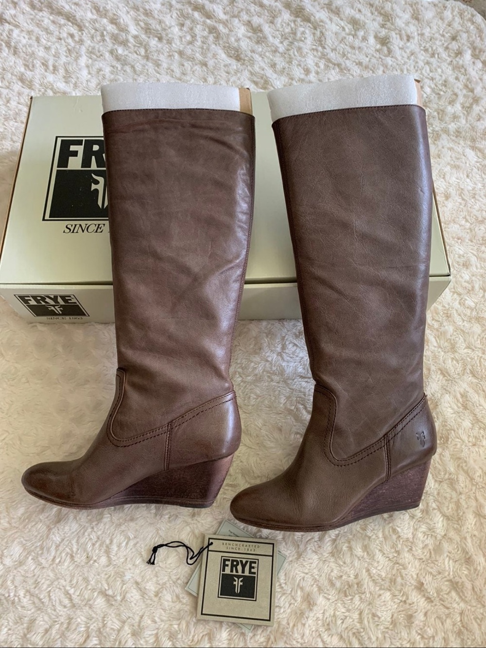 FRYE Brown Leather Wedge Knee-High Boots